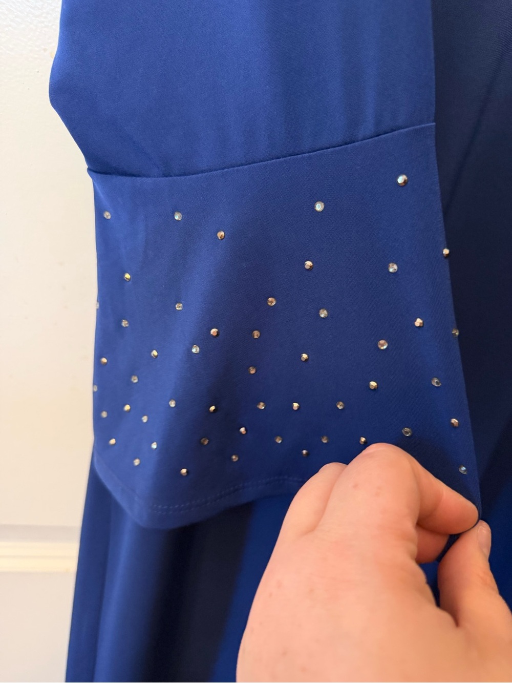 Quacker Factory Stretch Knit Dress with Rhinestone Bell Sleeves -Royal Blue - Picture 4 of 11